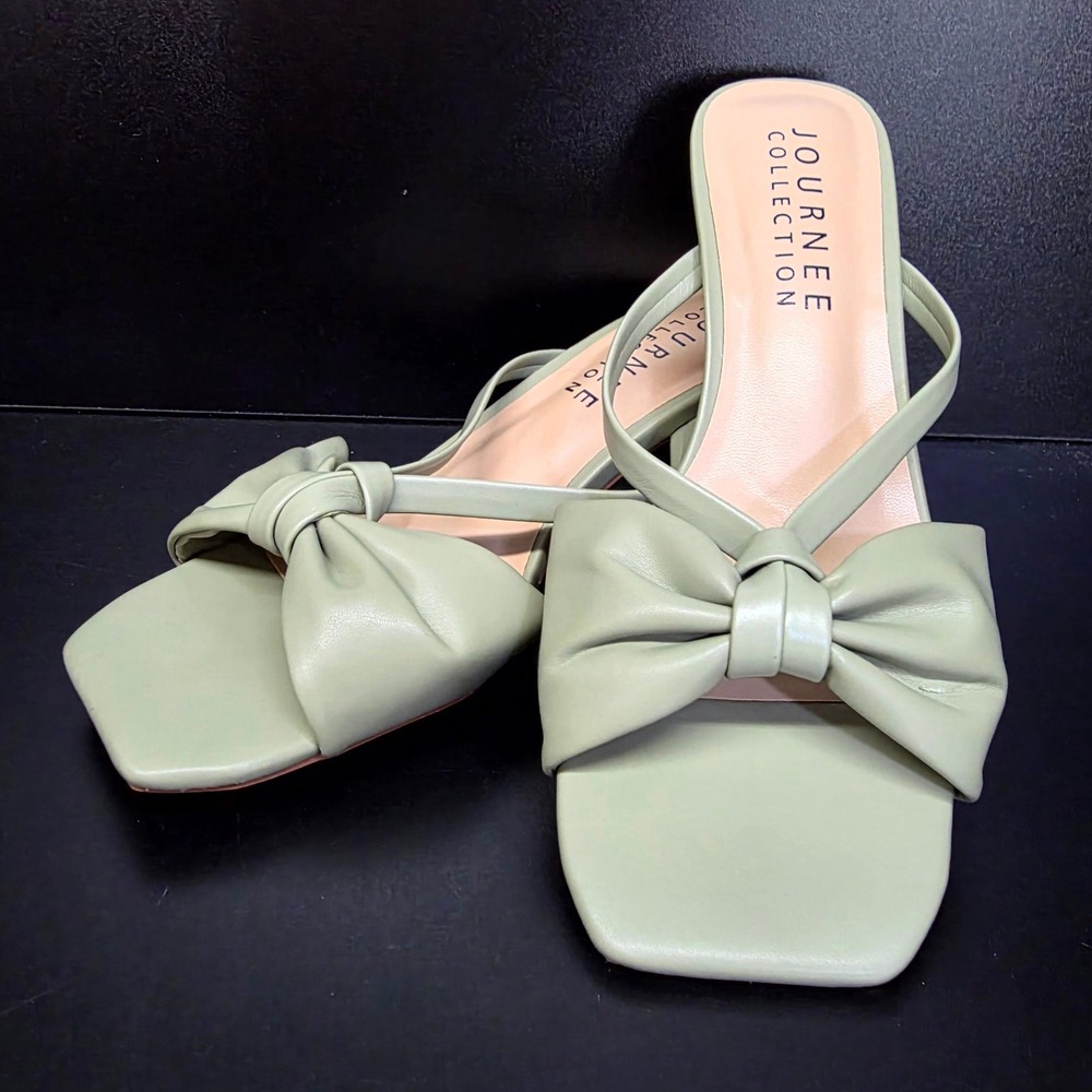 Journee Collection Sandals Womens 6 Sage Green Bow Square Toe Kitten Heel Mules